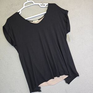 Pleione Top Womens L Black‎ Taupe Short Sleeve Lace Trim Layered Back USA Made